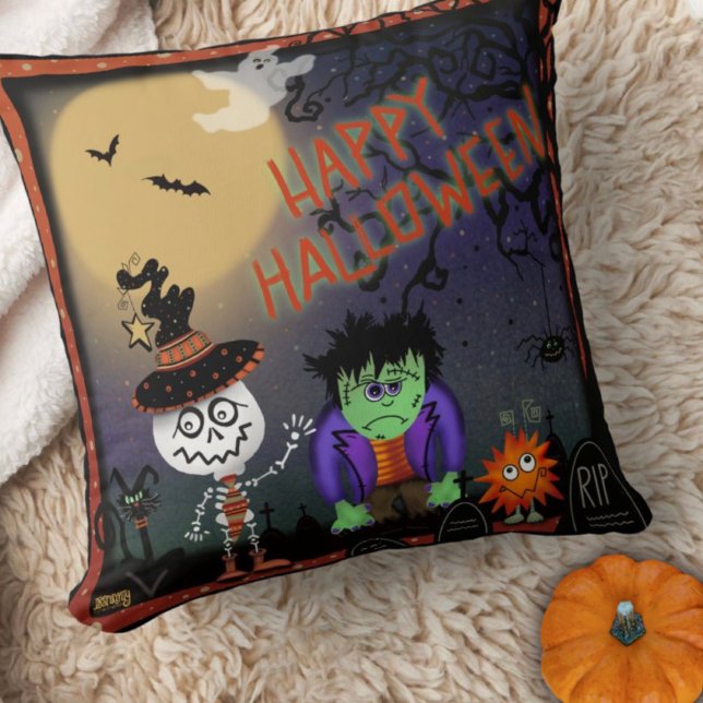 Cute Funny Halloween Skeleton Monster Kids Kudde (Skapare uppladdad)