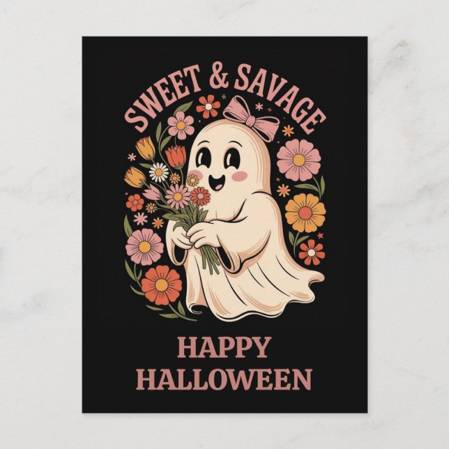 Cute Funny Halloween Sweet Savage Blommigt Ghost Vykort (Framsida)