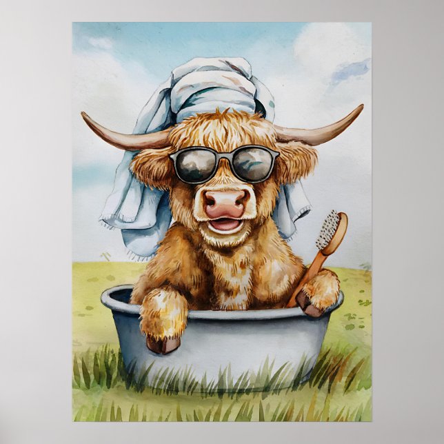 Cute Funny Highland Cow Bathroom Wall Art Poster (Framsidan)