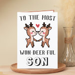 Cute Funny Hjort Buck Wonderful Son Birthday Tack Kort<br><div class="desc">Tittar för ett unikt sätt att uttrycka kärlek och humor för din lilla pojke? Vårt roliga hälsningskort för hjort är perfektens val för vilken son som helst på hans födelsedag! Anpassa den genom att lägga till ditt eget personliga meddelande. Utformningen har två söta baby hjort och ett meddelande till den...</div>