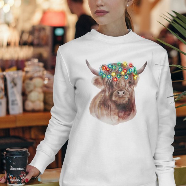 Cute Funny jul Highland Cow Neon Ljus T Shirt (Skapare uppladdad)