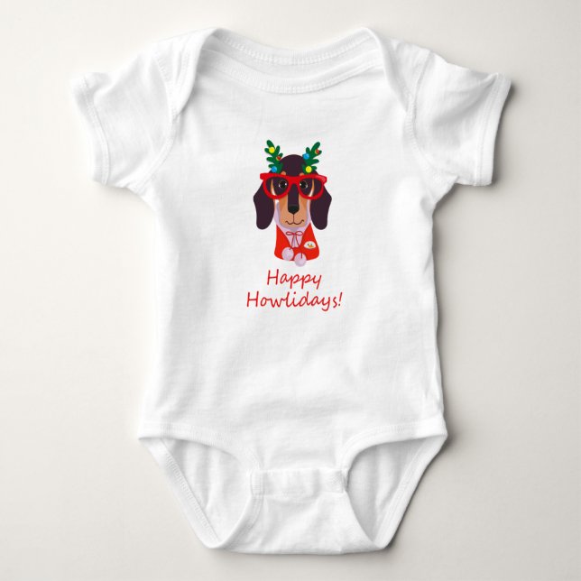 Cute Funny jul Hund Dachshund Lycklig Howlidays T Shirt (Framsida)