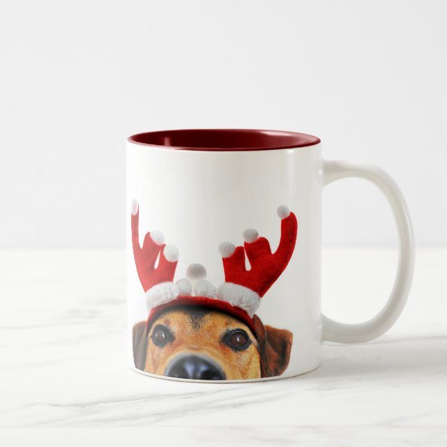 Cute Funny Jul Hund Reindeer Antler Headband Två-Tonad Mugg (Höger)