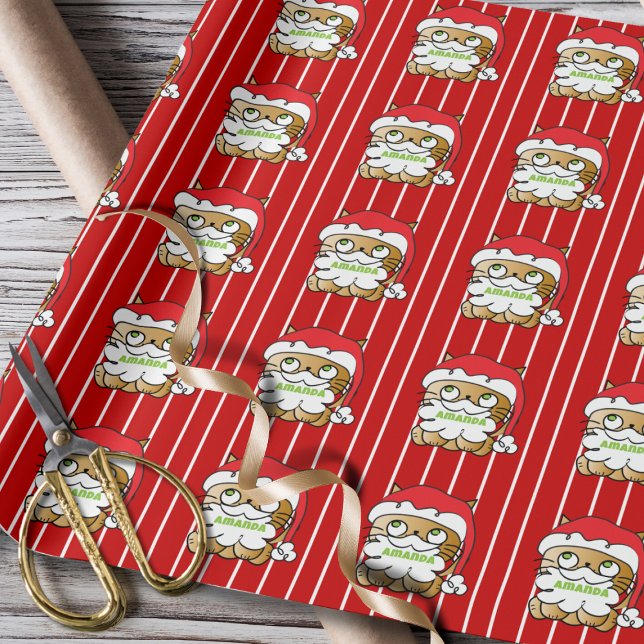 Cute Funny Jul Tecknad Cat Personlig Red Presentpapper (Skapare uppladdad)