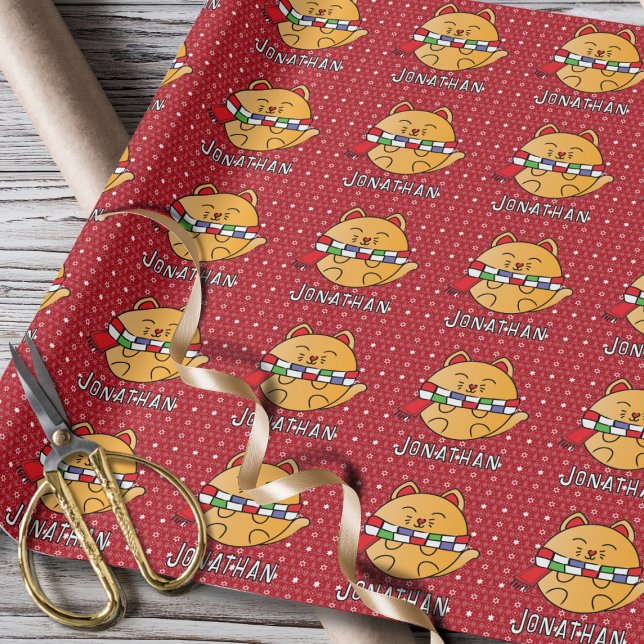 Cute Funny Jul Tecknad Cat Personlig Red Presentpapper (Skapare uppladdad)