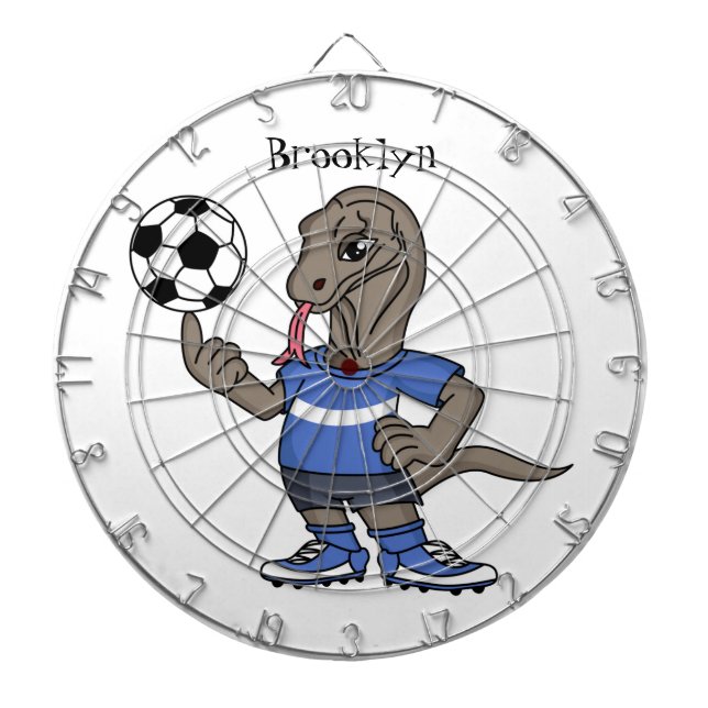 Cute funny Komodo dragon playing soccer cartoon Darttavla (Framsidan)