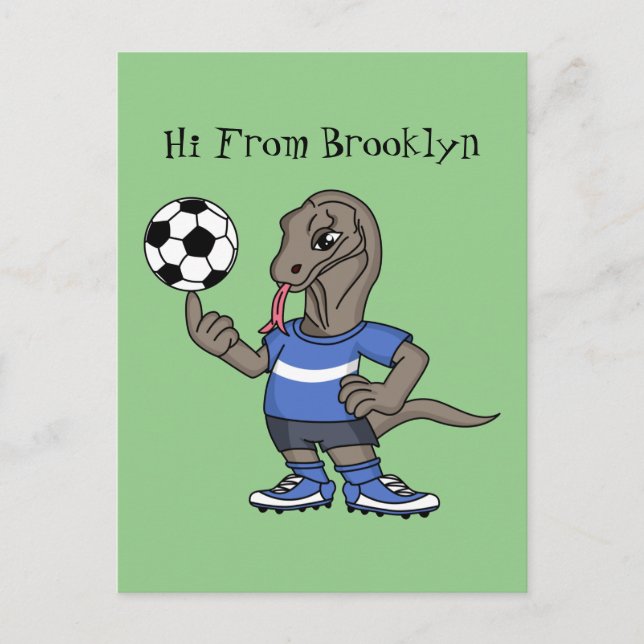 Cute funny Komodo dragon playing soccer cartoon Vykort (Framsida)