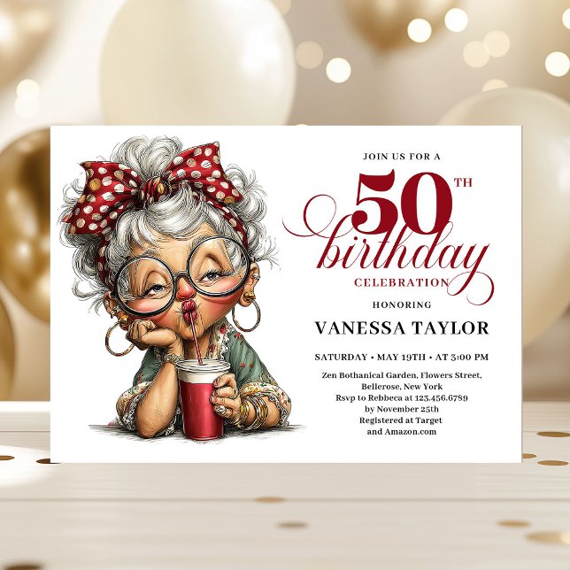 Cute Funny Lady 50th Birthday Cartoon Humor Invite Inbjudningar (Cute Funny Lady 50th Birthday Cartoon Humor Invite)