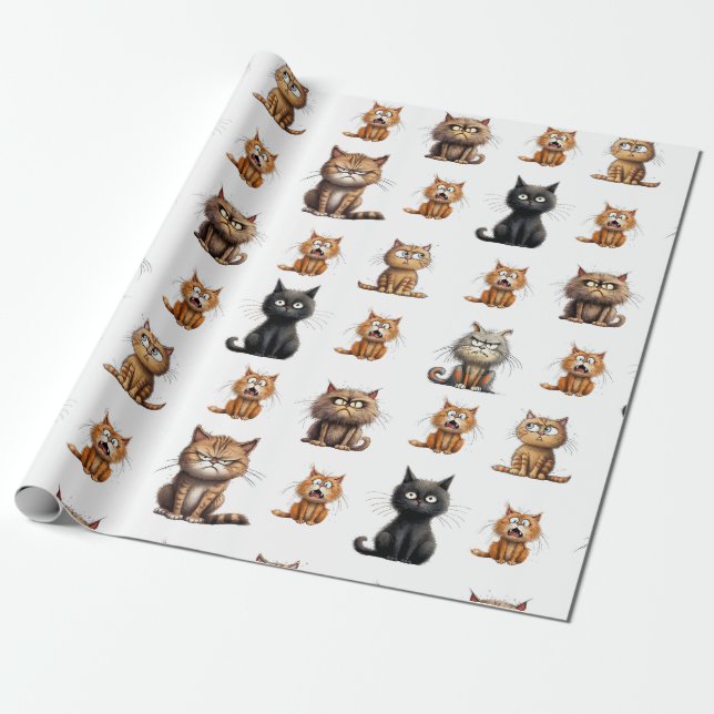 Cute Funny Mad Black, Orange och Grått Cats Presentpapper (Utrullad)