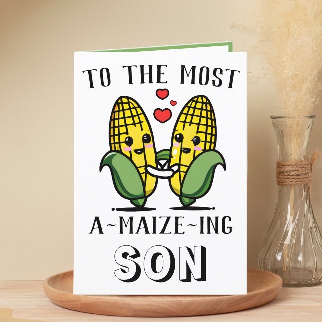 Cute Funny Maize Maj Pun Son Grattis på födelsedag Tack Kort (cute corn on the cob birthday card for son)