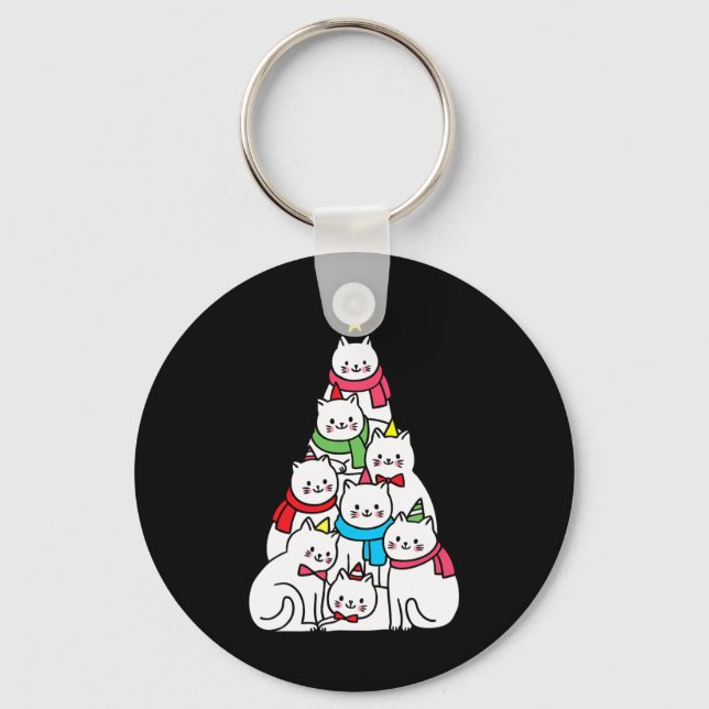 Cute Funny Merry Catmas Julafton Träd Helgdag för  Nyckelring (Framsida)