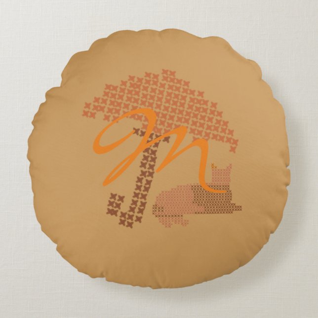 Cute Funny Monogrammed Red Cat Pillow Rund Kudde (Framsidan)