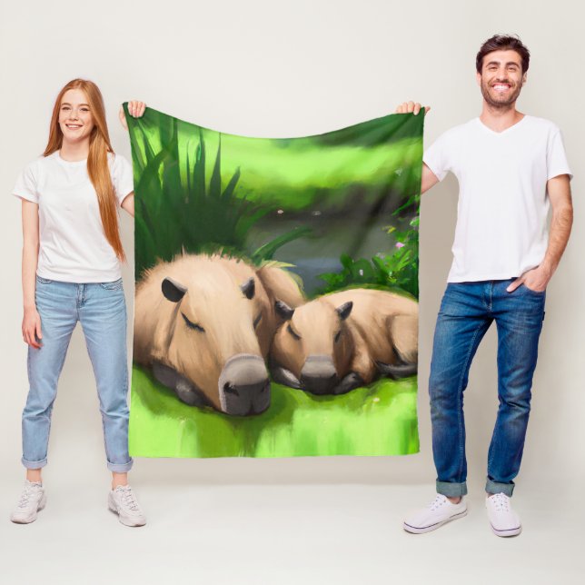 Cute Funny Napping Capybaras vid dammen Fleecefilt (På plats)