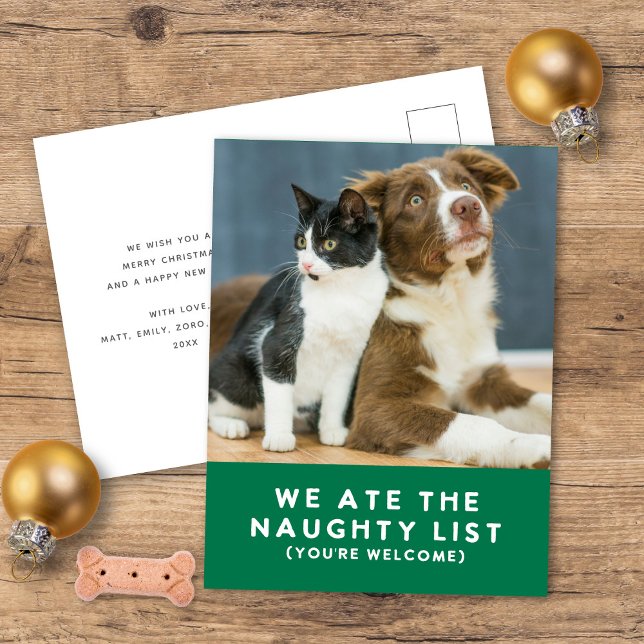 Cute Funny Naughty List Pet Photo Jul Grönt Helg Vykort (Skapare uppladdad)