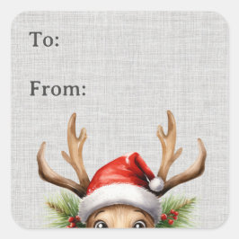 Cute Funny Peeking Reindeer Gift-etikett Fyrkantigt Klistermärke