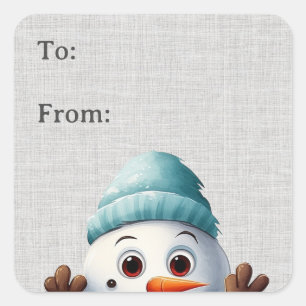Cute Funny Peeking Snögubbe Gift-etikett Fyrkantigt Klistermärke