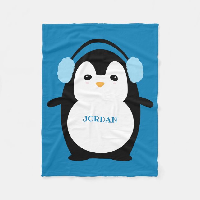 Cute Funny Penguin Nursery Blue Fleecefilt (Framsidan)