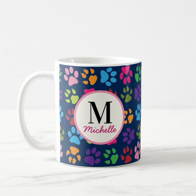 Cute Funny Pet Paw-utskrift på marinmonogrammad ma Kaffemugg (Vänster)