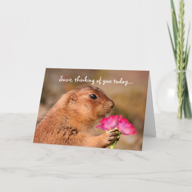 Cute Funny Prairie Hund Holding Flowers Kort (Framsida)