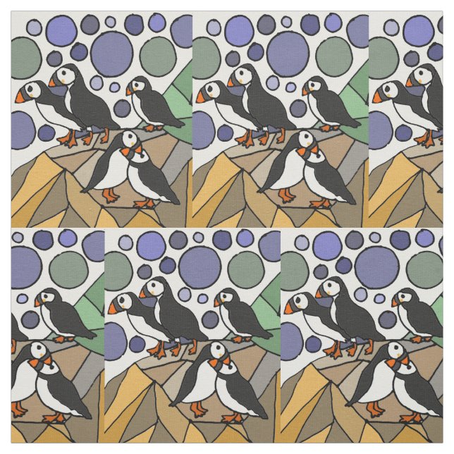 Cute Funny Puffin Birds Abstrakt Tyg (Provkarta)
