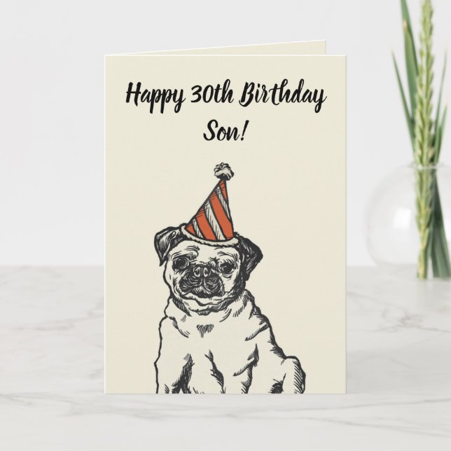 Cute Funny Pug Grått Son 30års födelsedag Kort (Framsida)