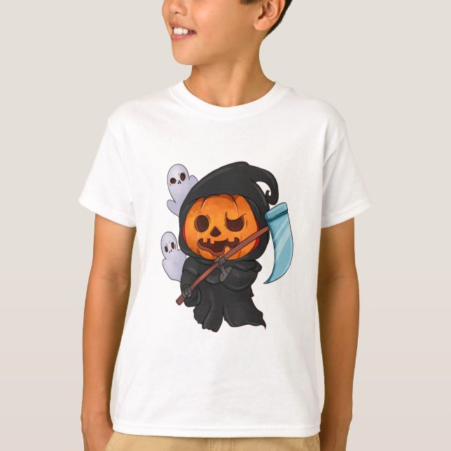 Cute Funny Pumpkin Head Grim Reaper T Shirt (Framsida)