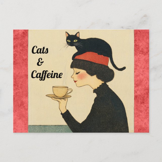 Cute Funny Pun Cats och Caffeine Coffee Vykort (Framsida)