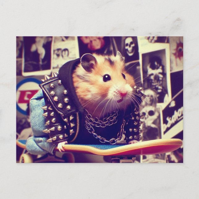 Cute Funny Punk Skateboarding Hamster Vykort (Framsida)