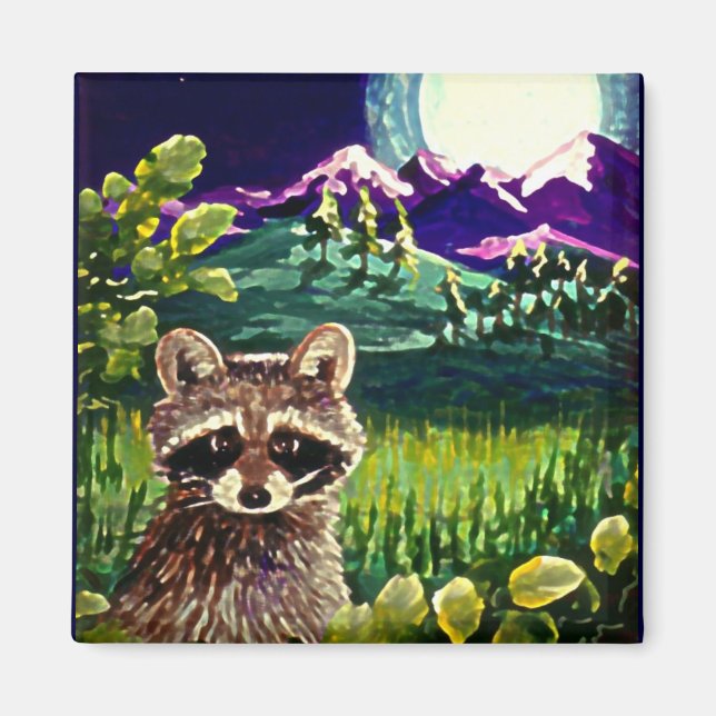 Cute Funny Raccoon Måne Mountains Creationarts LRA Magnet (Framsidan)
