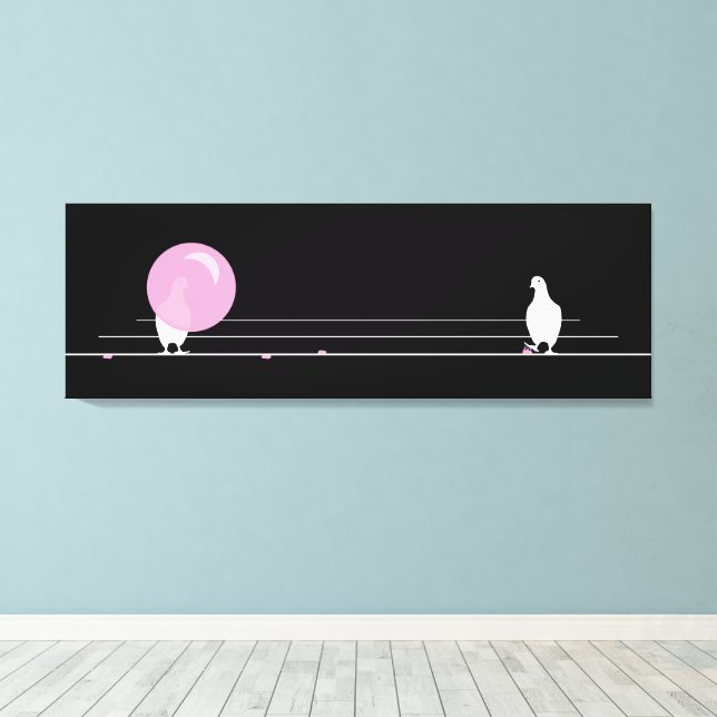 Cute Funny Rosa Bubble Gum Birds on a Wire Black Canvastryck (Insitu (trägolv))