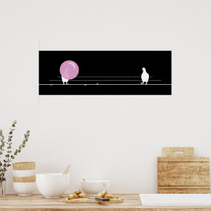 Cute Funny Rosa Bubble Gum Birds on a Wire Black Poster