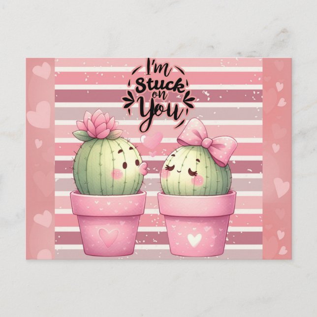 Cute Funny Rosa Valentines day Cactus Vykort (Framsida)