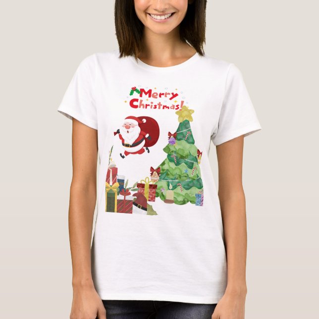 Cute & Funny Santa & Christmas Tree T-Shirt (Framsida)