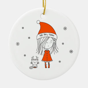 Cute Funny Santa Girl Cat Tecknad Add Namn Julgransprydnad Keramik