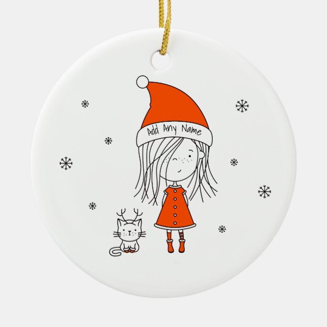 Cute Funny Santa Girl Cat Tecknad Add Namn Julgransprydnad Keramik (Framsidan)