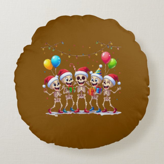 Cute Funny Skeletons Christmas & New Year Celebrat Rund Kudde (Framsidan)
