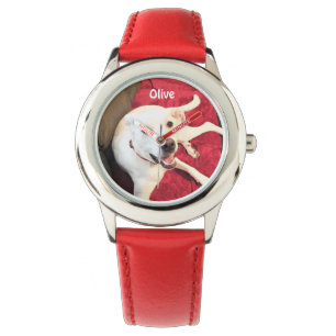 Cute Funny Smiling Lycklig White Puppy Hund Red Armbandsur