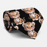 Cute Funny Smiling Tiger Black Neck Tie