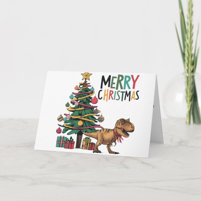 Cute Funny T-rex Dinosaur och Julgran Kort (Framsida)