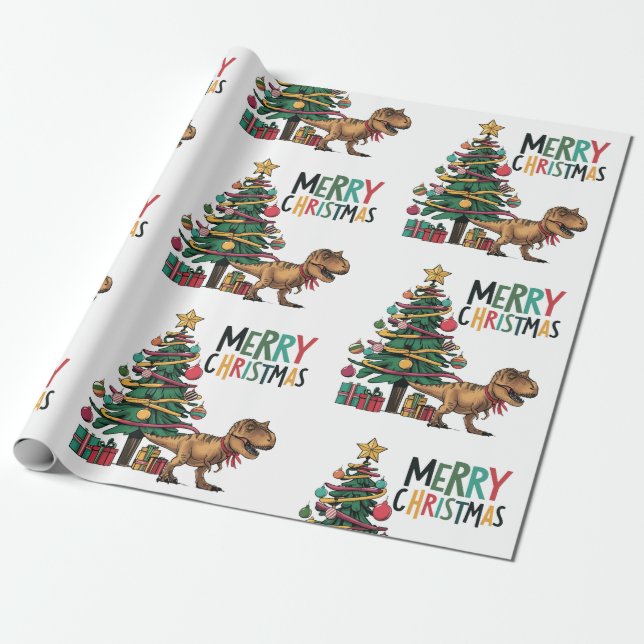 Cute Funny T-rex Dinosaur och Julgran Presentpapper (Utrullad)