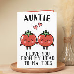 Cute Funny Tomato Pun Moster Grattis på födelsedag Tack Kort<br><div class="desc">Tittar för ett unikt sätt att uttrycka kärlek och humor till moster? Vårt konstiga hälsningskort för tomatpun är perfektens val för alla barn på hennes födelsedag! Anpassa den genom att lägga till ditt eget personliga meddelande.</div>
