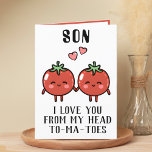 Cute Funny Tomato Pun Son Grattis på födelsedagen Tack Kort<br><div class="desc">Tittar du ett unikt sätt att uttrycka kärlek och humor för ditt barn? Vårt konstiga hälsningskort för tomatpun är perfektens val för din son på hans födelsedag! Anpassa den genom att lägga till ditt eget personliga meddelande.</div>