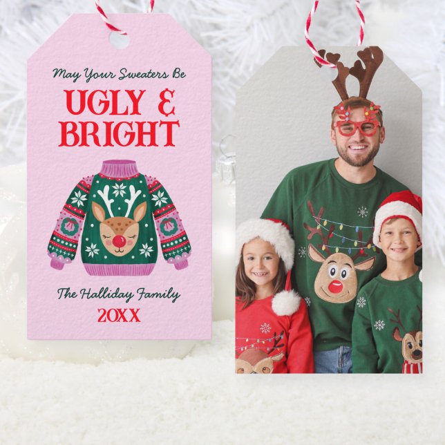 Cute Funny Ugly Sweater Reindeer Family Photo Presentetikett (Cute Funny Ugly Sweater Reindeer Family Photo Gift Tags)
