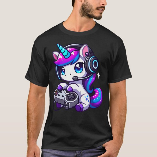 Cute Funny Unicorn Wearing Headphones Playing Vide T Shirt (Framsida)