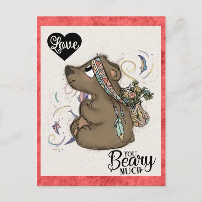 Cute Funny Valentines day Bear Blommigt Postcard Vykort (Framsida)