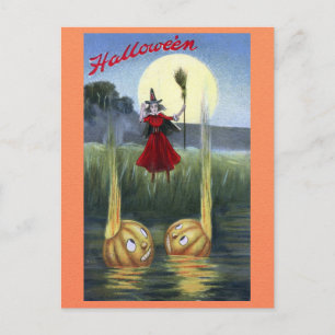Cute Funny Vintage Halloween Witch Pumpkin Vykort
