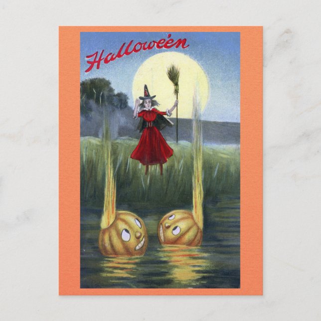 Cute Funny Vintage Halloween Witch Pumpkin Vykort (Framsida)