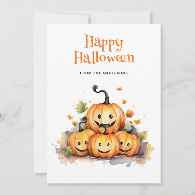 Cute Funny Watercolor Pumpkins Kids Halloween Card Julkort (Framsida)