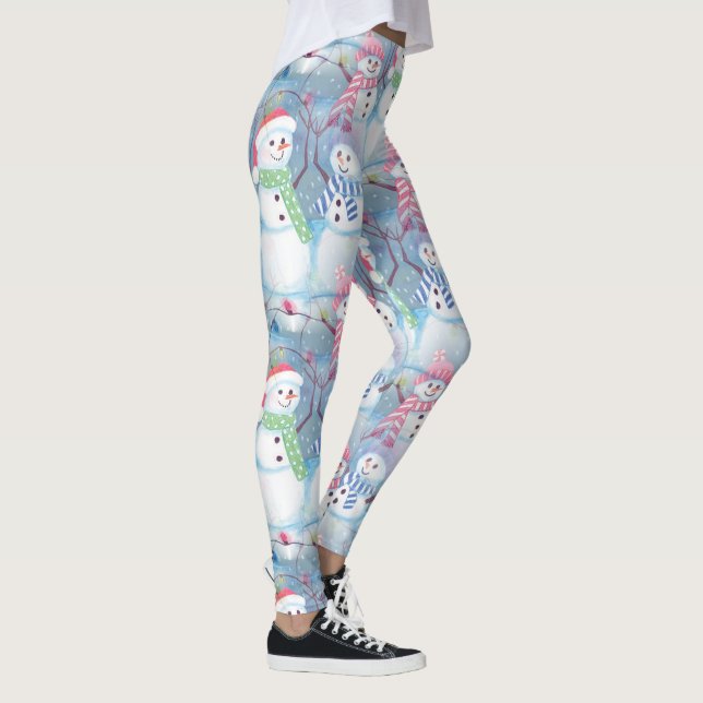 Cute Funny Winter Season Snögubbars Watercolor Art Leggings (Höger)