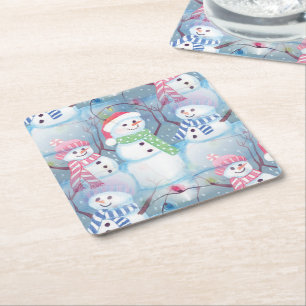 Cute Funny Winter Season Snögubbars Watercolor Art Underlägg Papper Kvadrat